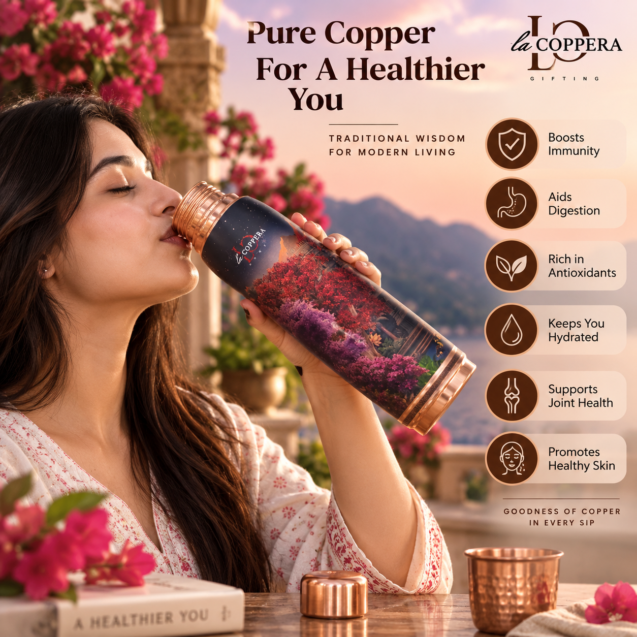 Twilight Copper Bottle Gift Set – 1000ml with 2 Copper Glasses | La Coppera