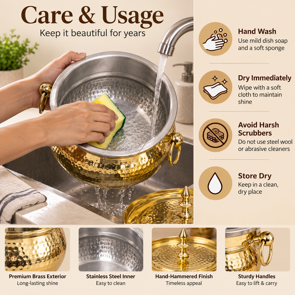 Brass Mughlai Handi with Steel Inner – Hand Hammered Cooking Pot