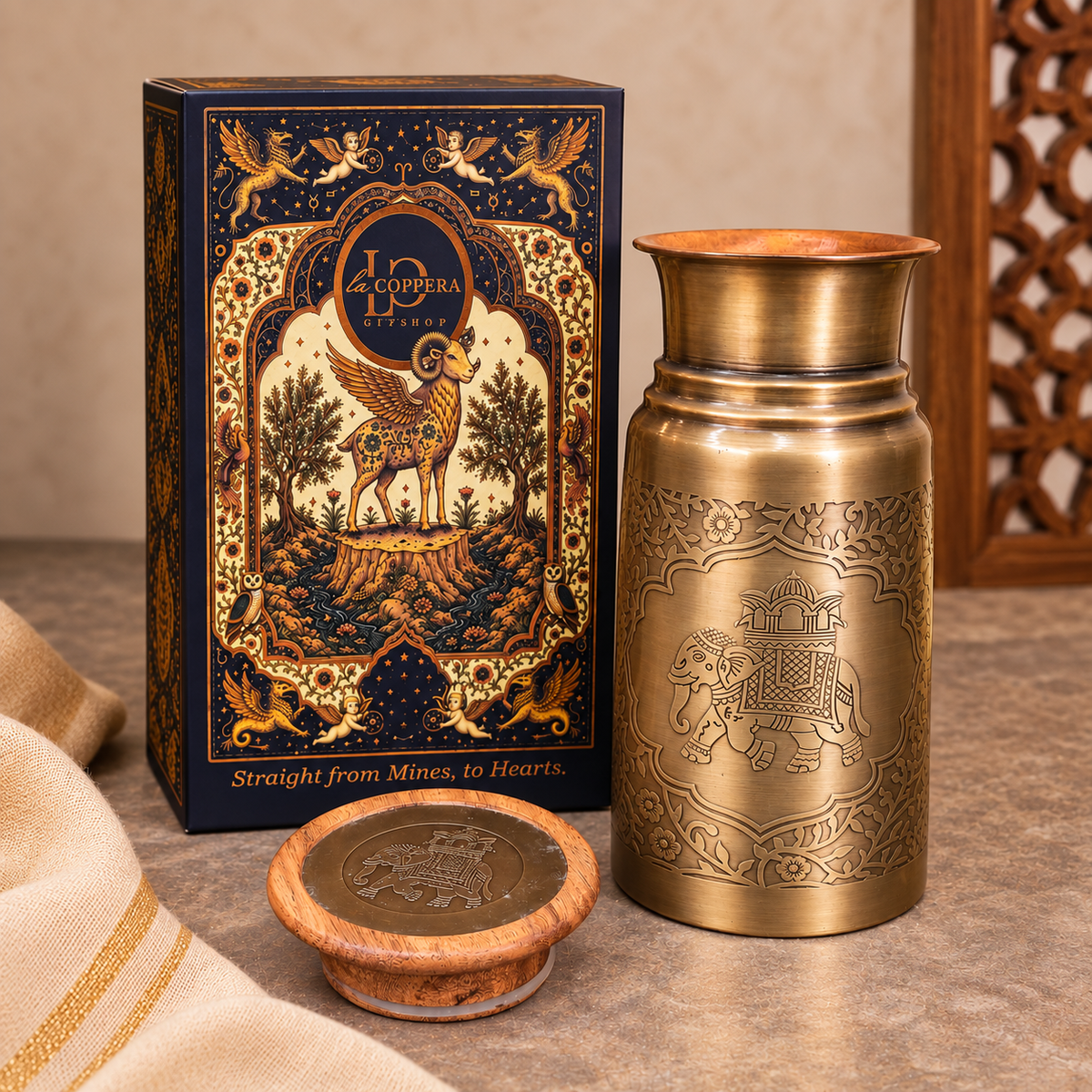 Zora Sepia Gold Copper Carafe with Wooden Lid | Handcrafted Antique Brass Finish