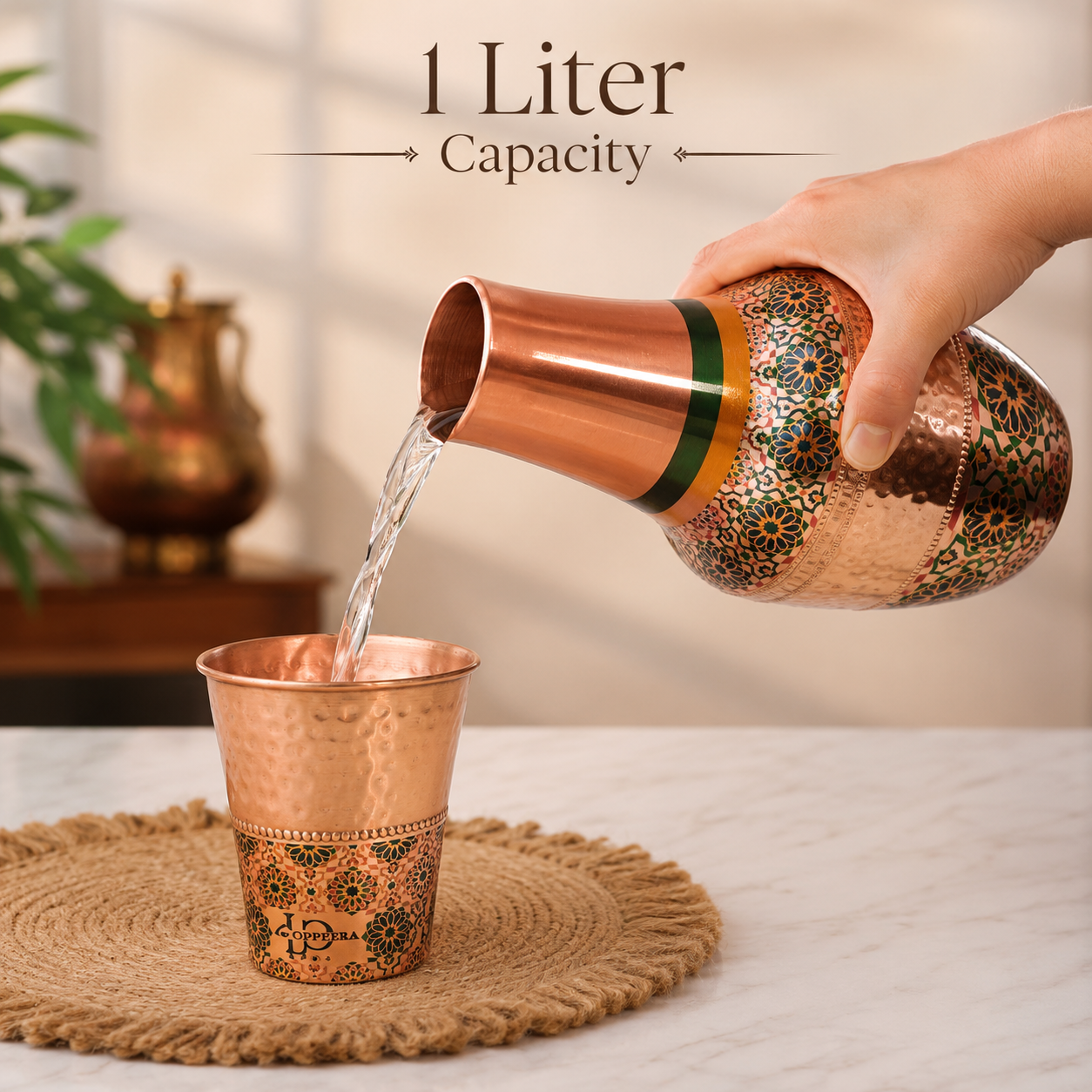 Vintage Carafe Golden Medina with Copper Glass | 1 Litre Bedside Water Set