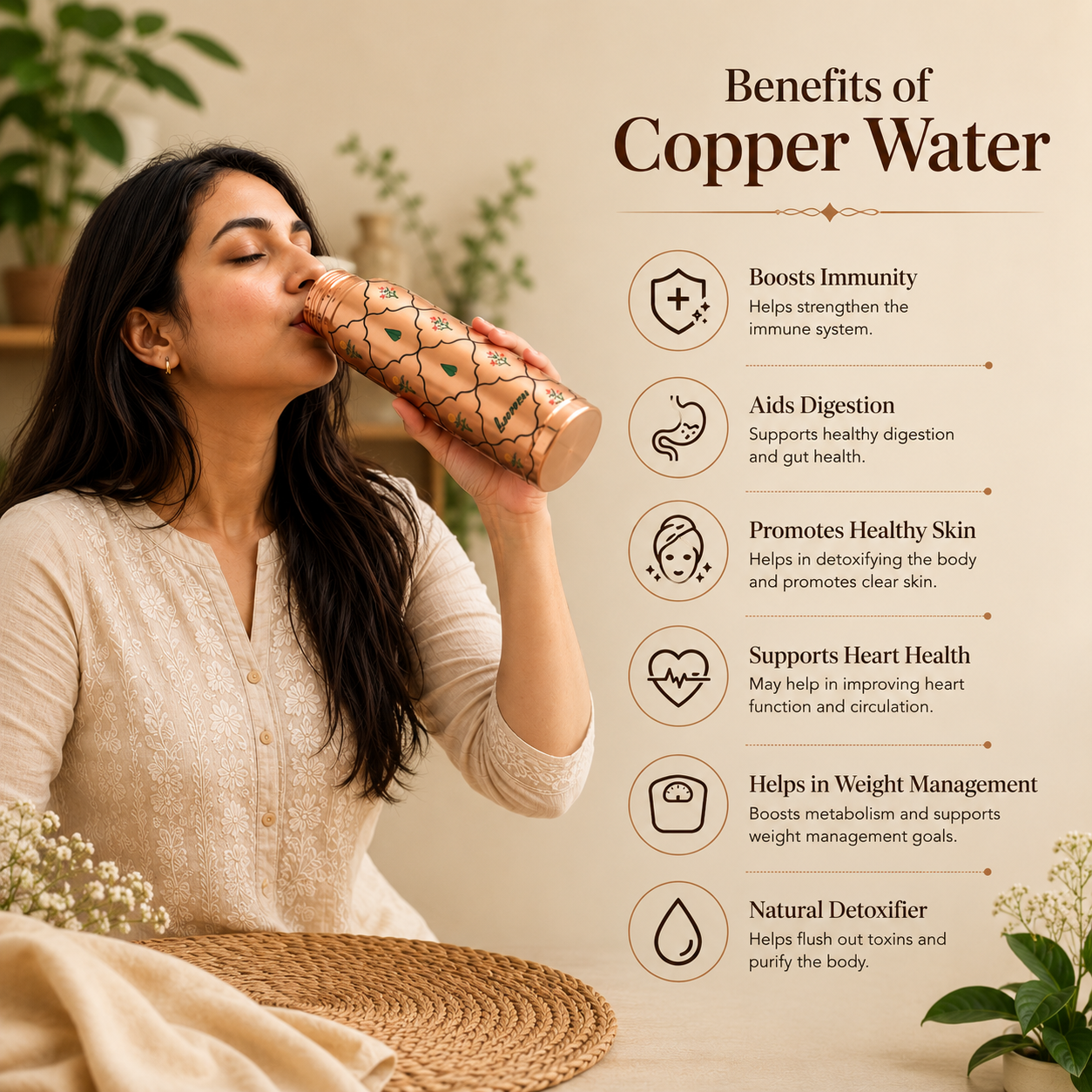 Ayursip Jaali Bagh Copper Water Bottle Set 1000ml with 2 Glasses | Premium Gift Set