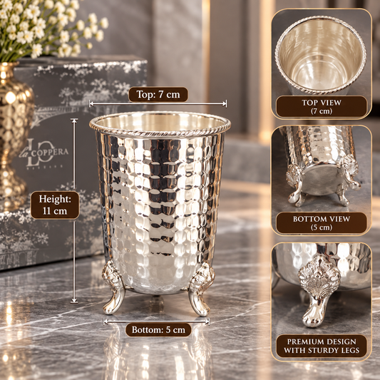 Crown Glass Set – Silver Plated Stainless Steel Glasses with Decorative Brass Legs | Set of 2