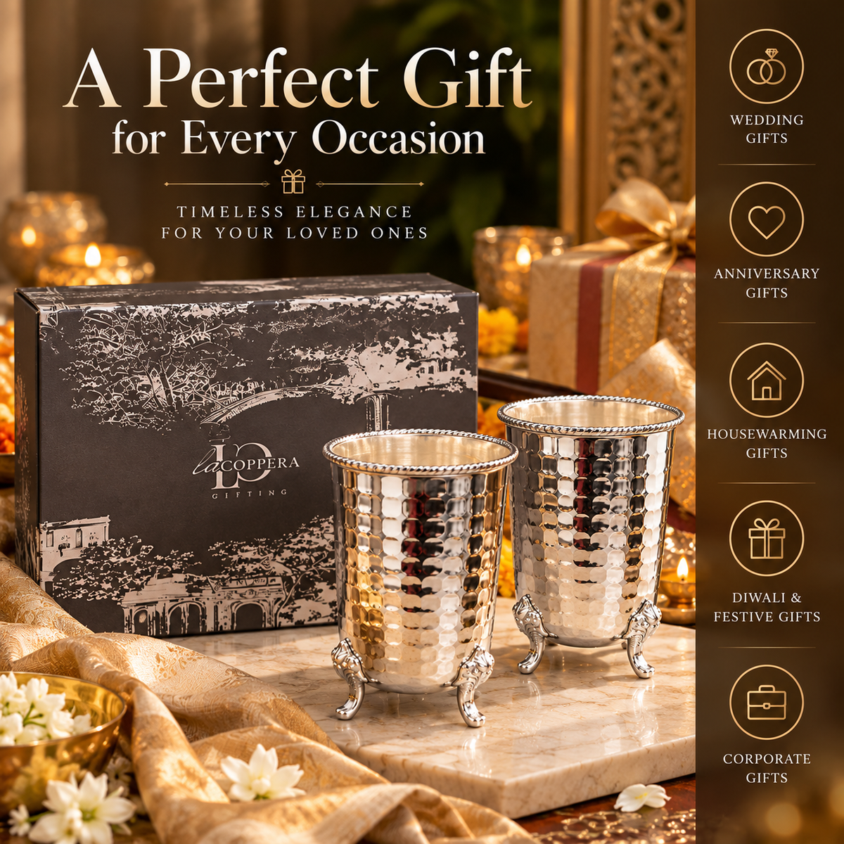 Crown Glass Set – Silver Plated Stainless Steel Glasses with Decorative Brass Legs | Set of 2