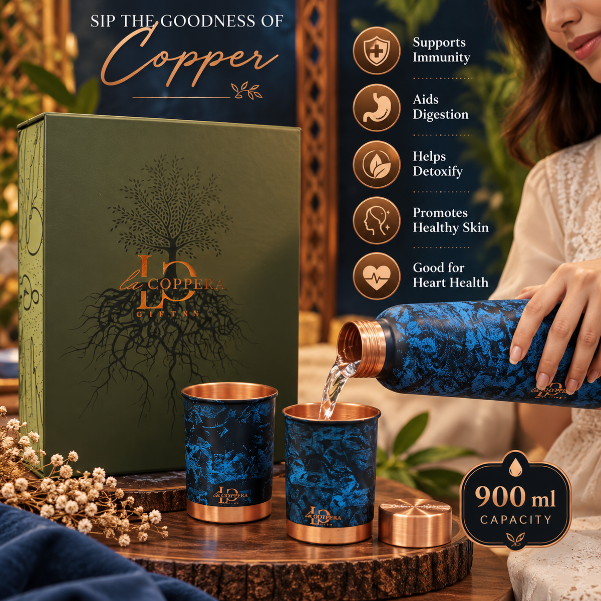 Unique Brush Copper Bottle with 2 Matching Copper Glasses | Premium Gift Set | LA COPPERA