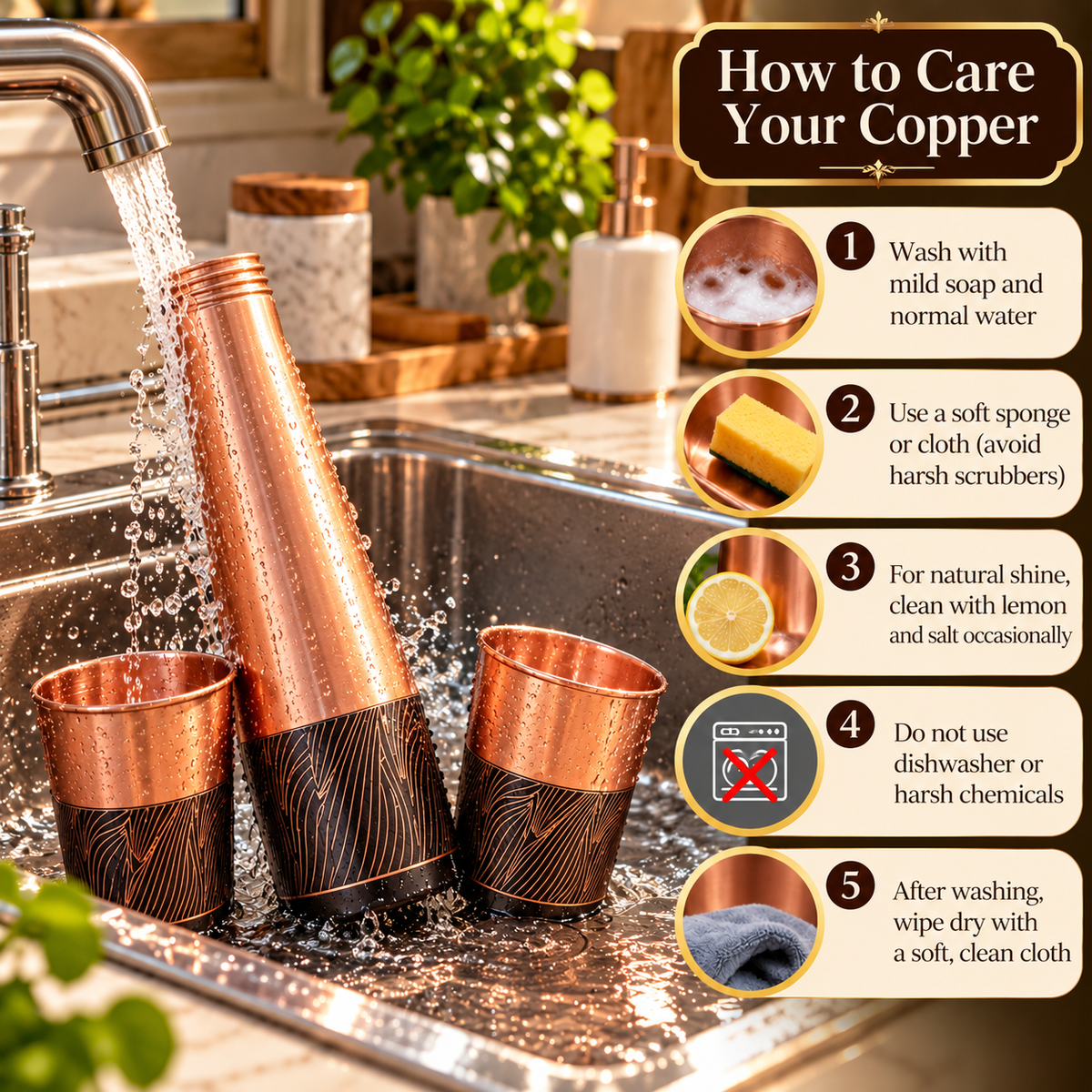 LA COPPERA Choice Wave Rustic Copper Water Bottle with 2 Copper Glasses
