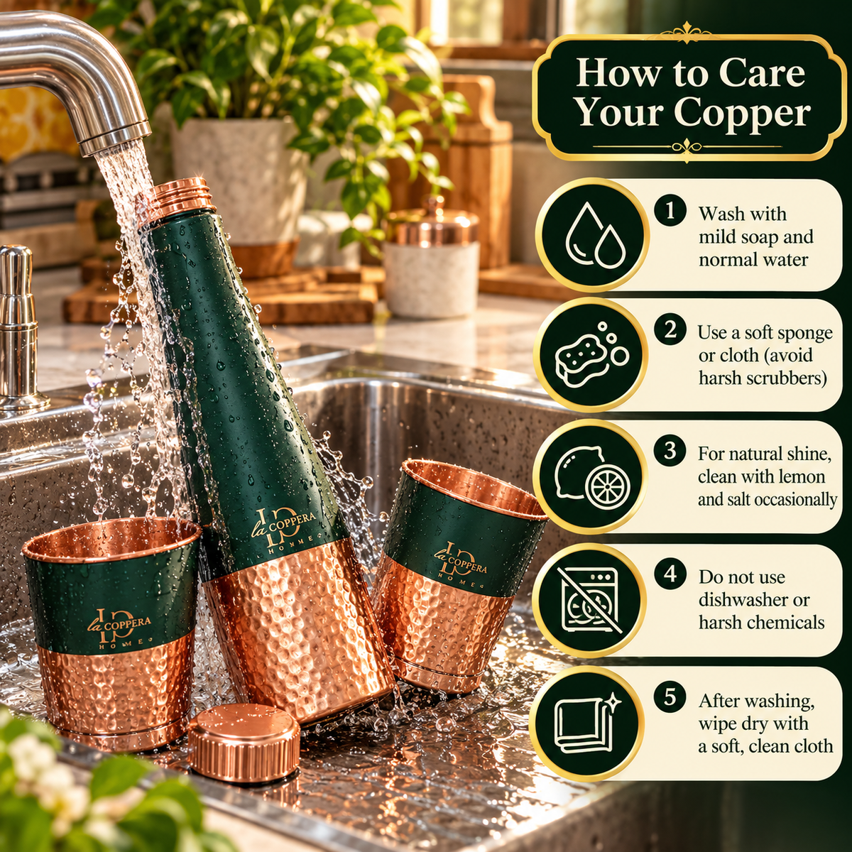 LA COPPERA Choice Bottle Green Copper Water Bottle with 2 Copper Glasses