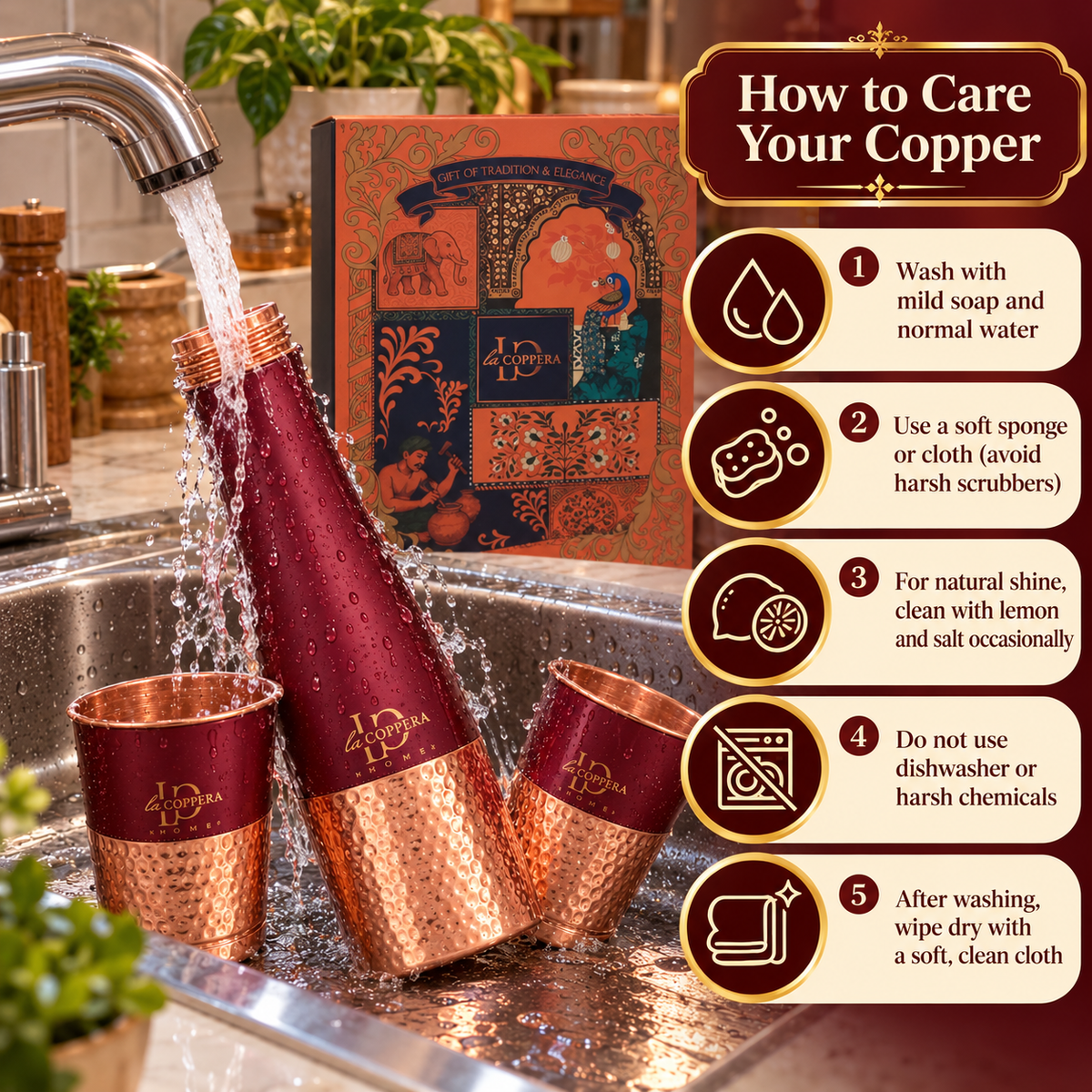 LA COPPERA Choice CoCo Copper Water Bottle with 2 Copper Glasses – 1000 ml