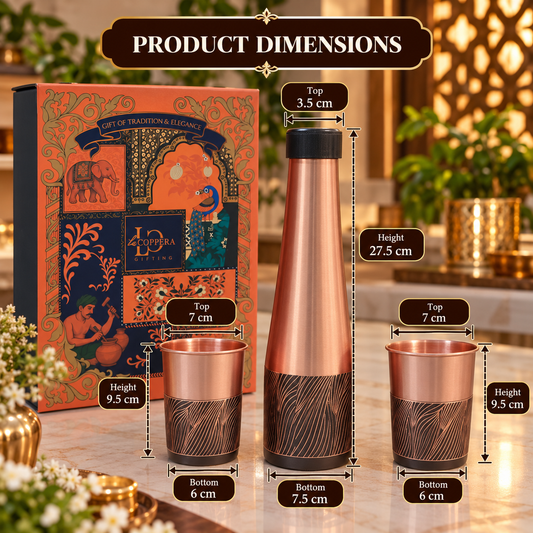 LA COPPERA Choice Wave Rustic Copper Water Bottle with 2 Copper Glasses