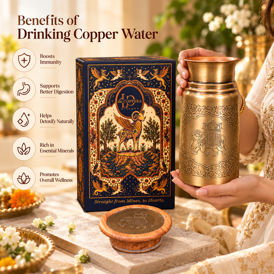 Zora Sepia Gold Copper Carafe with Wooden Lid | Handcrafted Antique Brass Finish