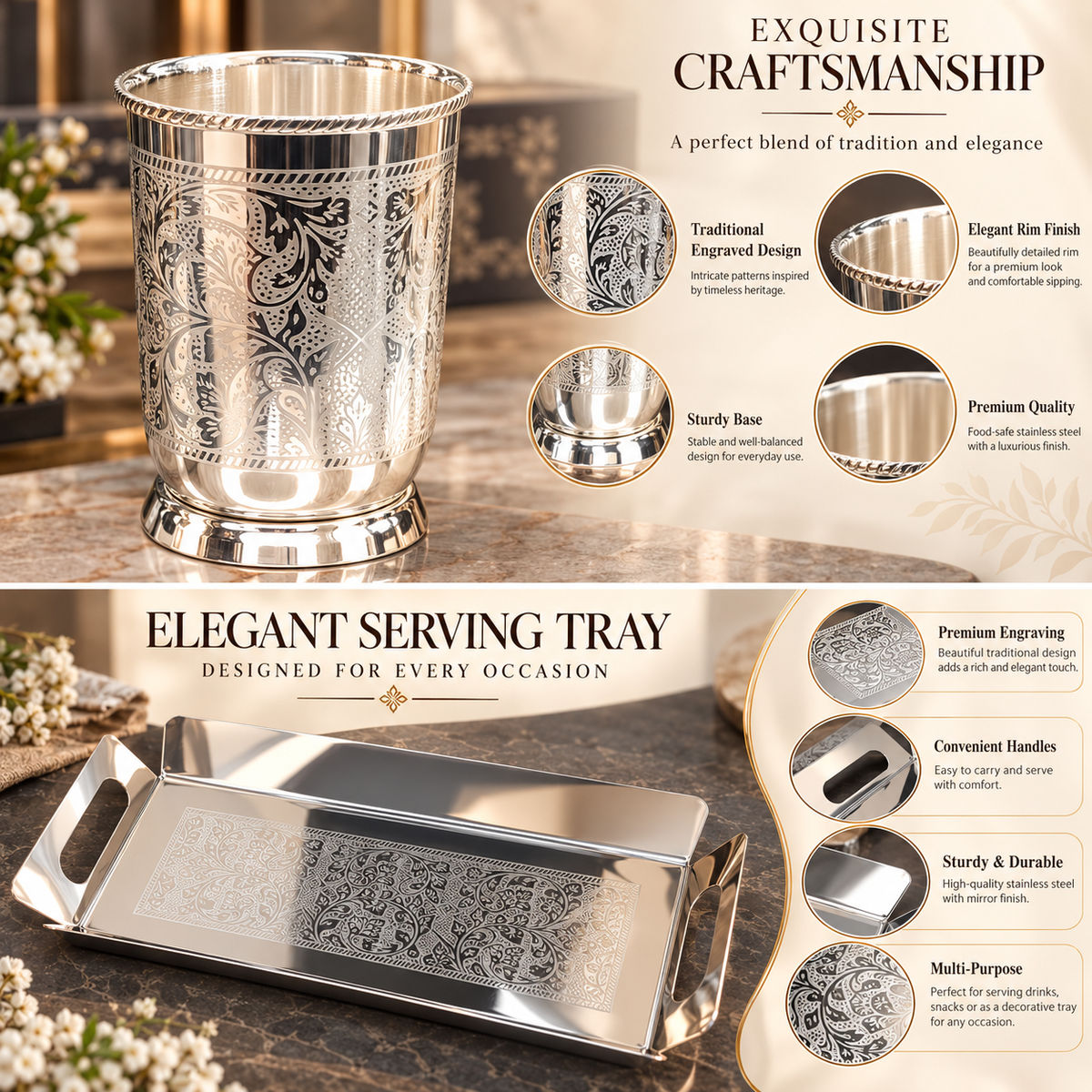 Nexa Silver Plated Stainless Steel Glass Set with Serving Tray