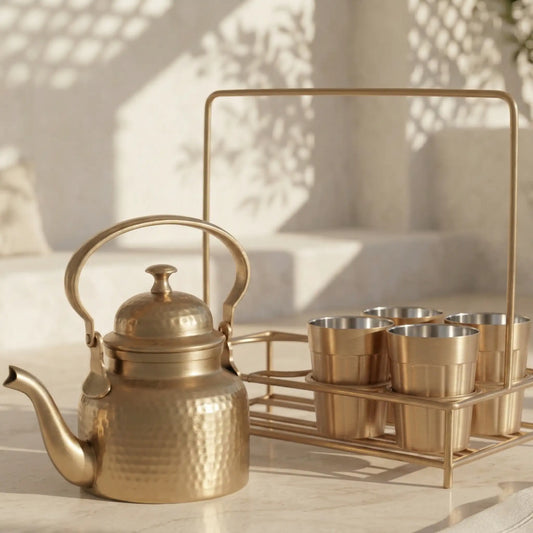 Brass Tapri Tea Set (Set of 5 with Stand) | Cutting Chai Kettle & Glass Set