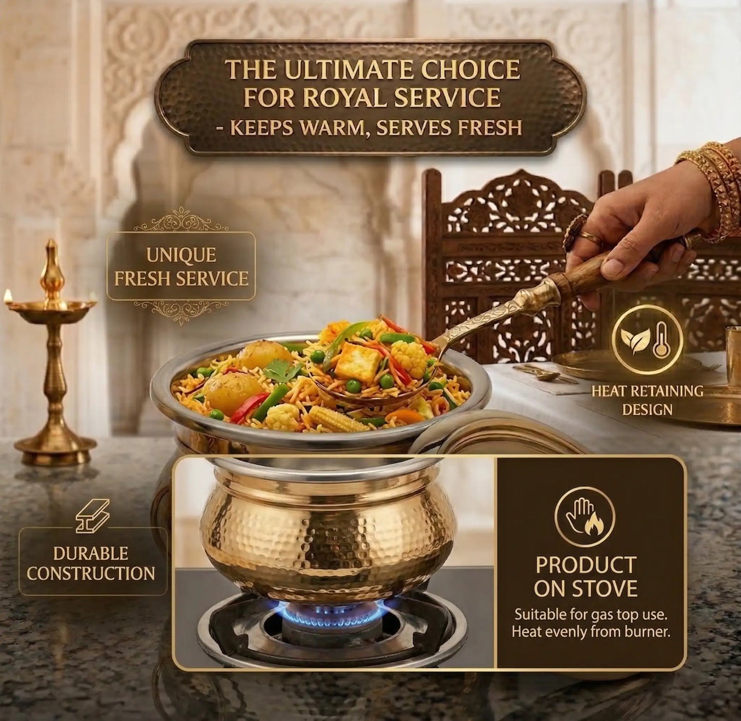 Brass Mughlai Handi with Steel Inner – Hand Hammered Cooking Pot