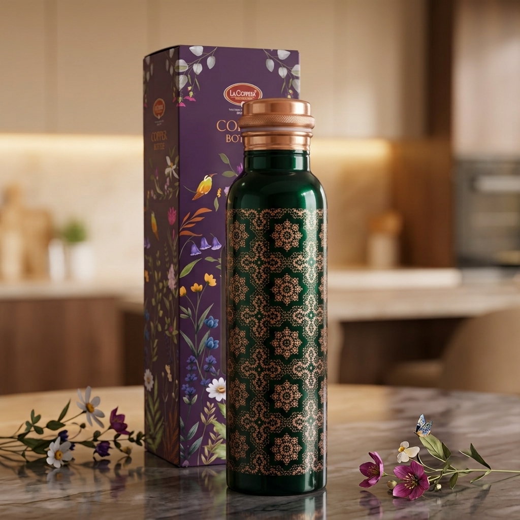 Imperial Green Pure Copper Water Bottle 900ml | Premium UV Printed Designer Copper Bottle