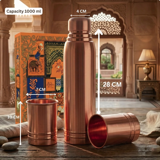 Ayursip Copper Bottle & Glass Set | 99% Pure Ayurvedic Drinkware