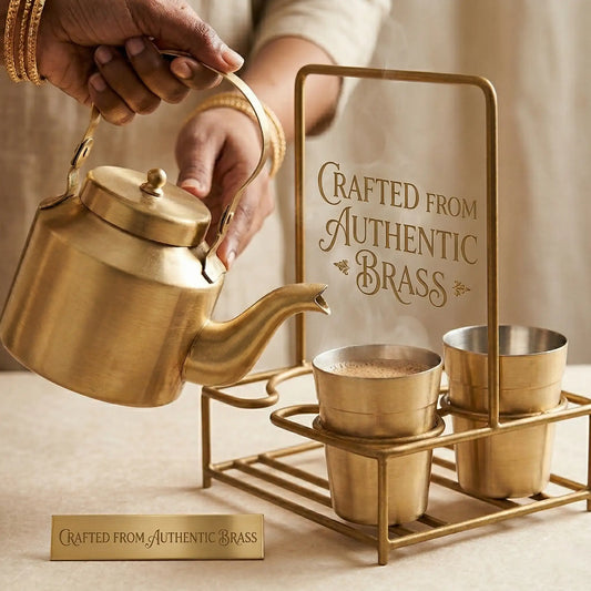 Brass Tapri Tea Set (Set of 3 with Stand) | Cutting Chai Kettle & Glass Set