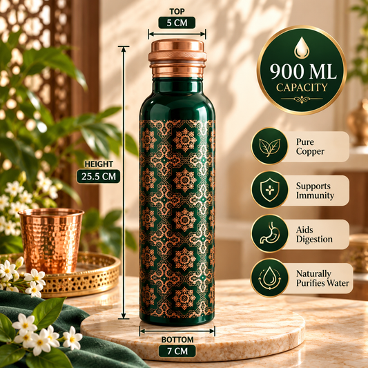 Mist Imperial Green Pure Copper Water Bottle 900ml | Premium UV Printed Designer Copper Bottle