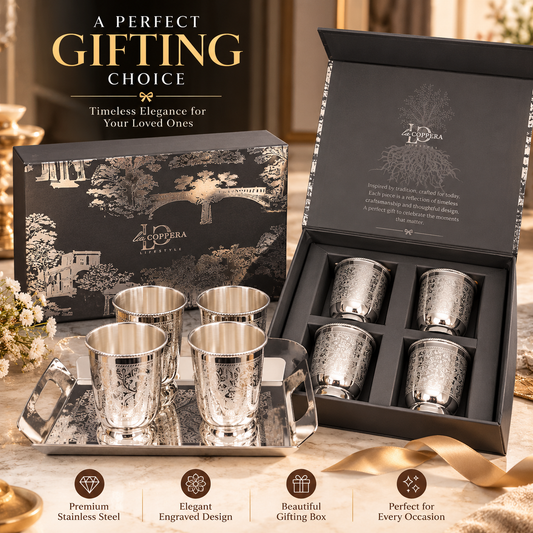 Nexa Silver Plated Stainless Steel Glass Set of 5 with Serving Tray | LA COPPERA