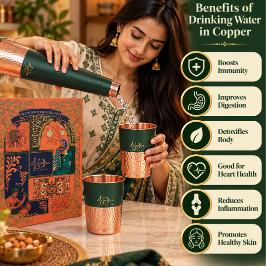 LA COPPERA Choice Bottle Green Copper Water Bottle with 2 Copper Glasses