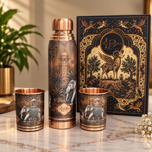 Raj Bagh Copper Bottle – Handcrafted Elephant Design | La Coppera
