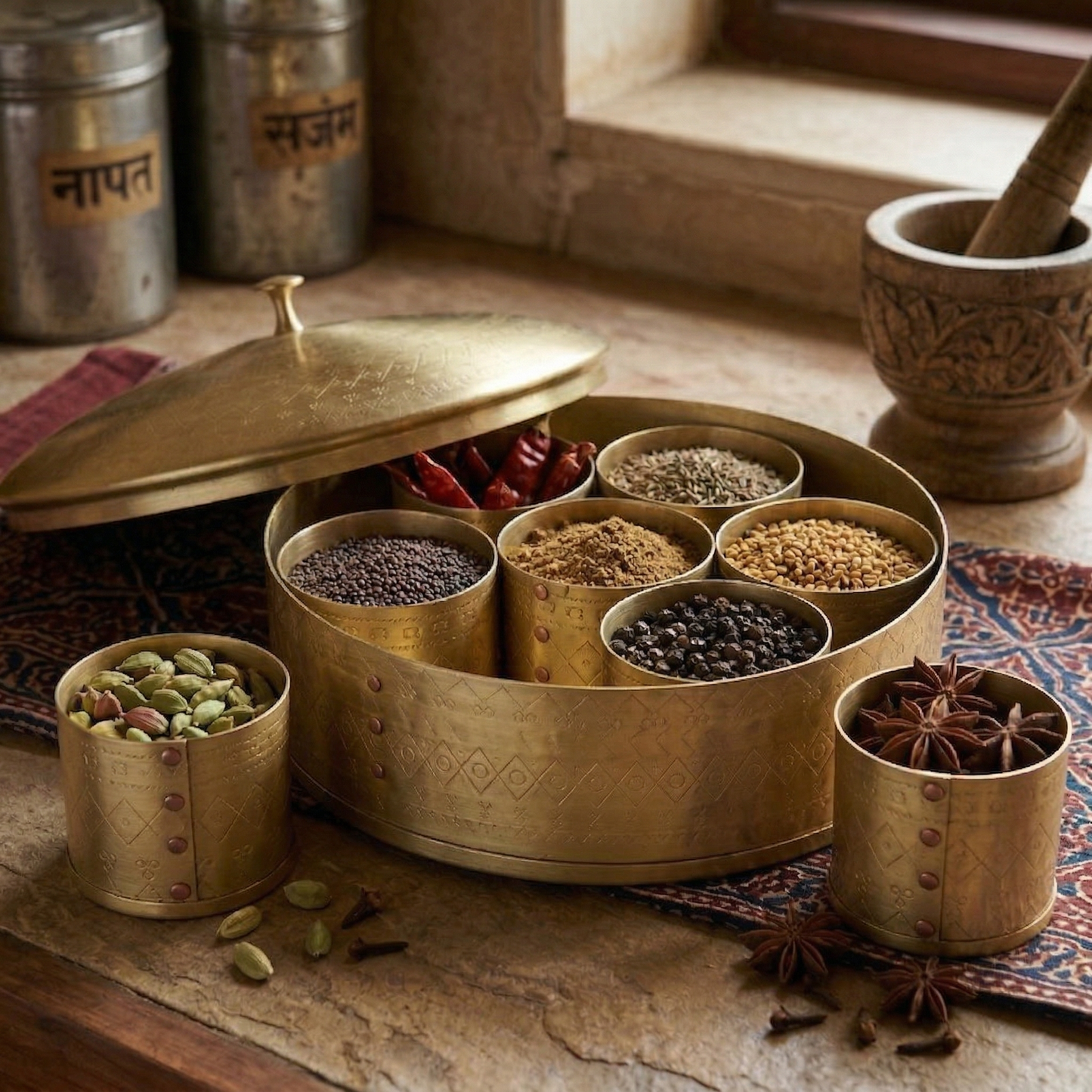 Masala Box Dome – Premium Brass Spice Storage Box with Lid