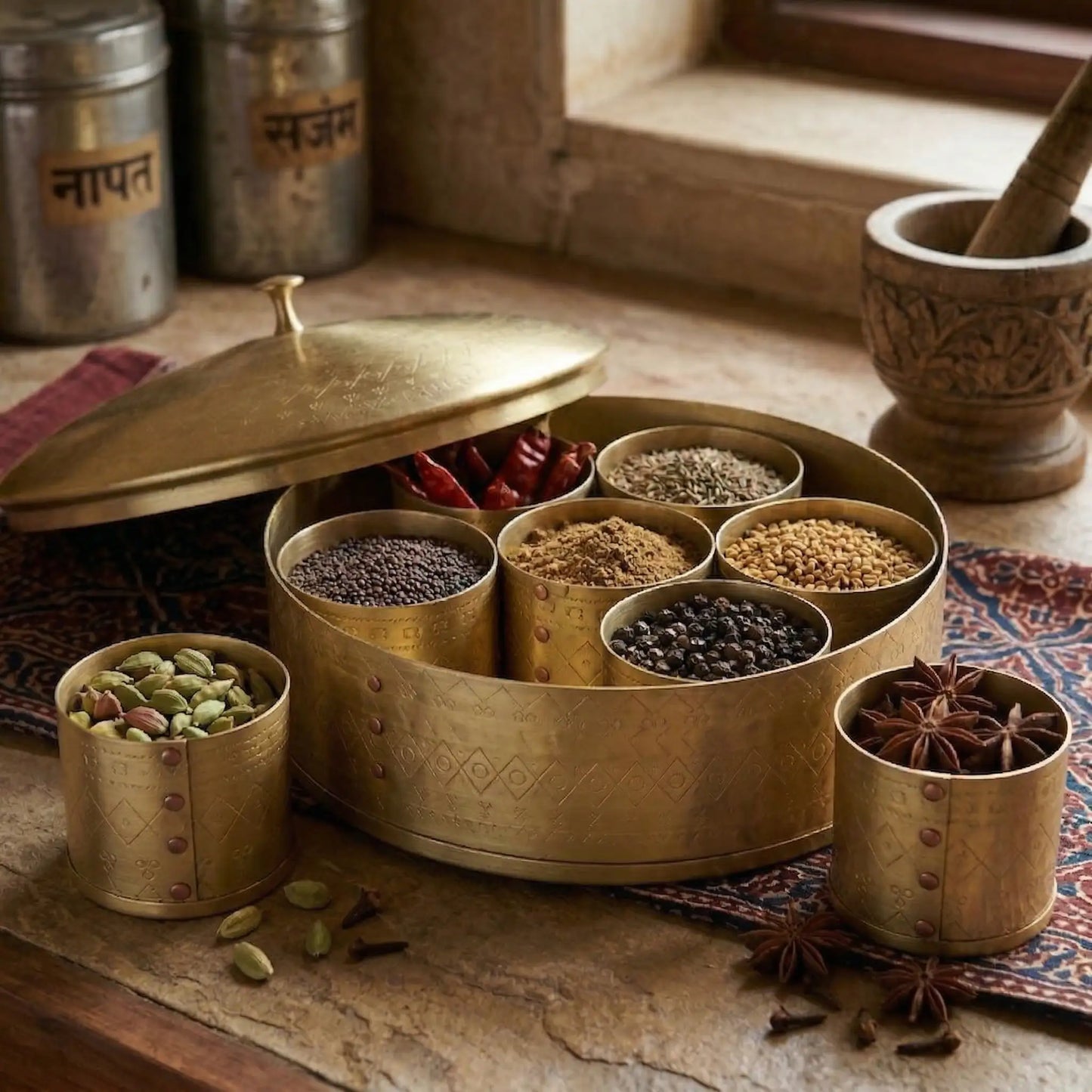 Masala Box Dome – Premium Brass Spice Storage Box with Lid