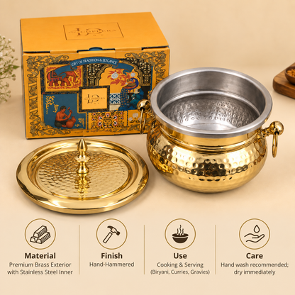 Brass Mughlai Handi with Steel Inner – Hand Hammered Cooking Pot