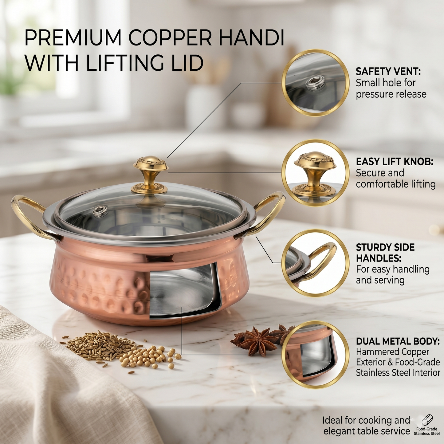 Serving Handi with Glass Lid – Copper Serving Pot with Steel Lid & Brass Knob