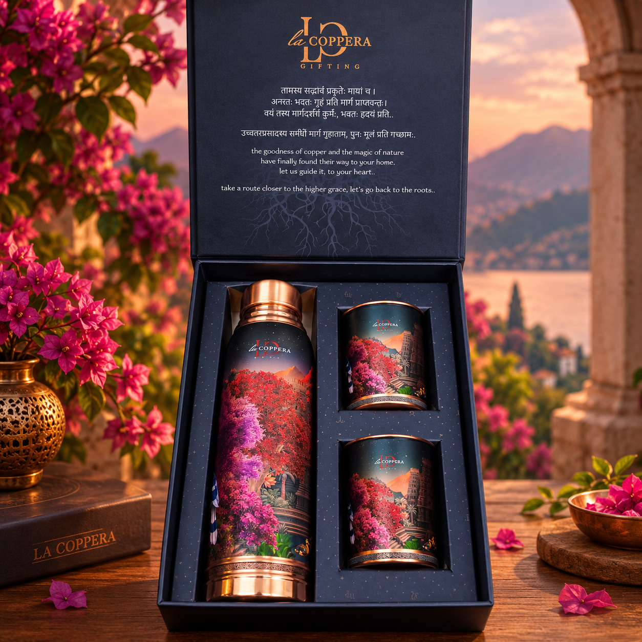 Twilight Copper Bottle Gift Set – 1000ml with 2 Copper Glasses | La Coppera