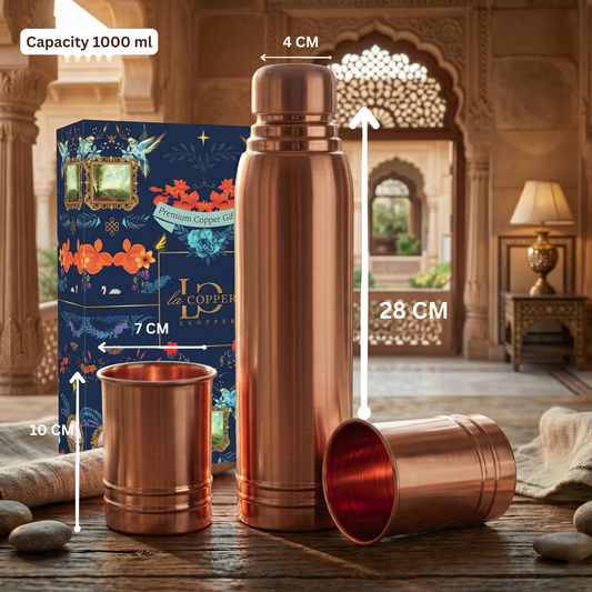 Ayursip Copper Bottle & Glass Set | 99% Pure Ayurvedic Drinkware