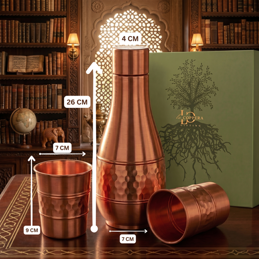 Jalbindu Copper Bottle Set with 2 Glasses | Hand-Hammered Ayurvedic Water Set