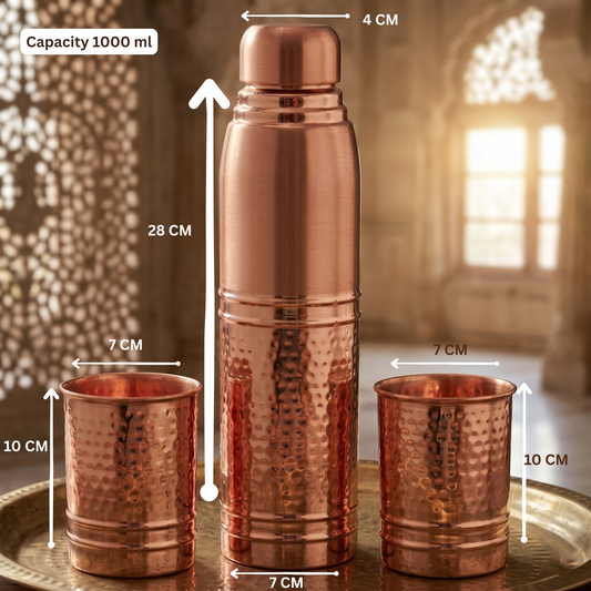 Ayursip Hammer Copper Bottle Set with 2 Glasses