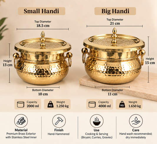 Brass Mughlai Handi with Steel Inner – Hand Hammered Cooking Pot
