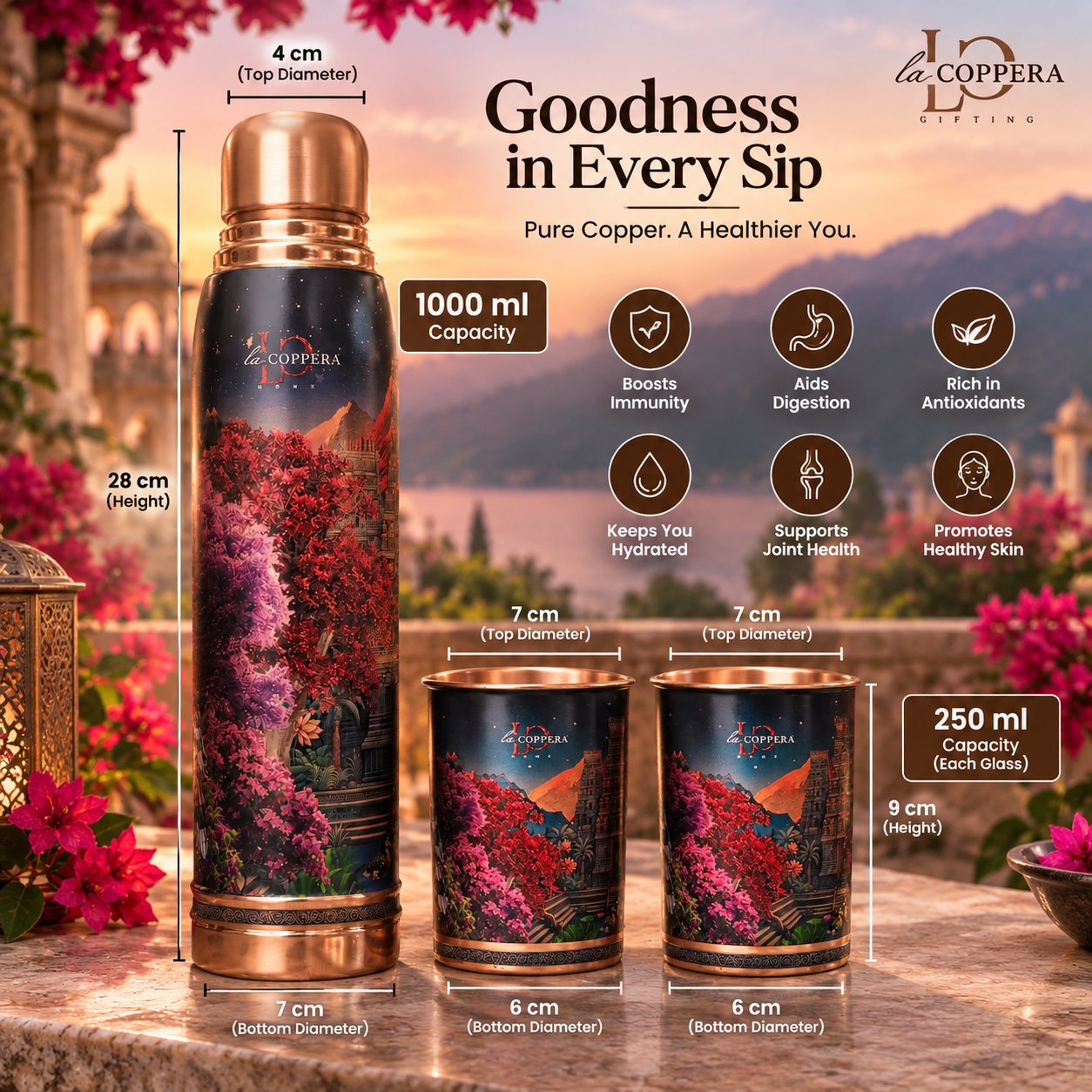 Twilight Copper Bottle Gift Set – 1000ml with 2 Copper Glasses | La Coppera