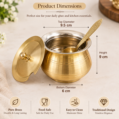 Brass Ghee Pot with Spoon & Lid for Authentic Ghee Storage