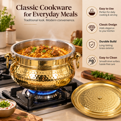 Brass Mughlai Handi with Steel Inner – Hand Hammered Cooking Pot