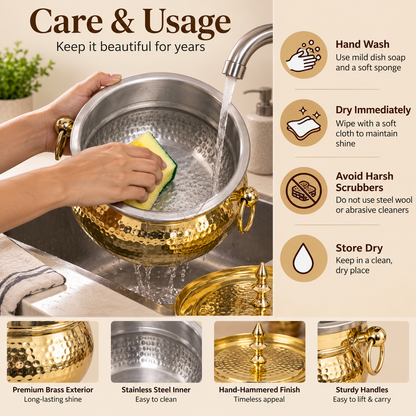 Brass Mughlai Handi with Steel Inner – Hand Hammered Cooking Pot