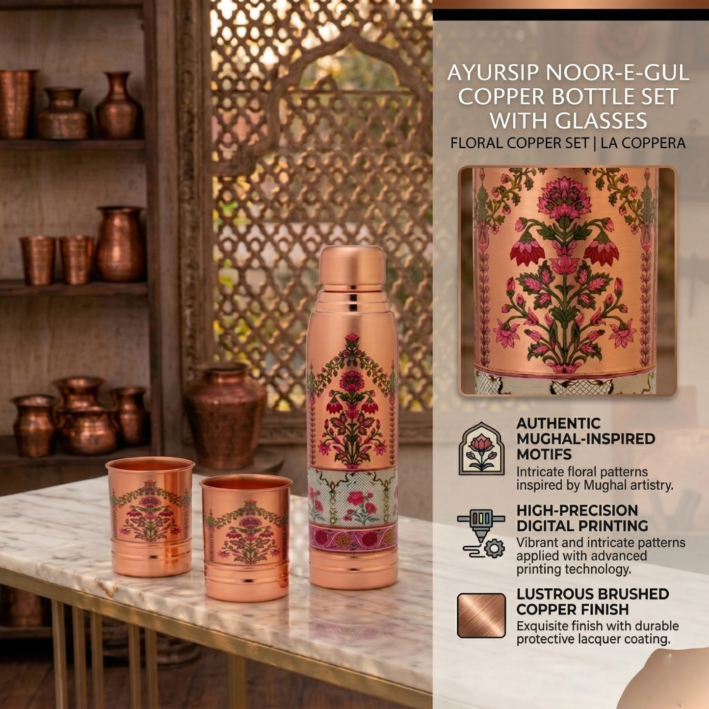 Ayursip Noor-e-Gul Copper Bottle Set with Glasses | Floral Copper Set | La Coppera