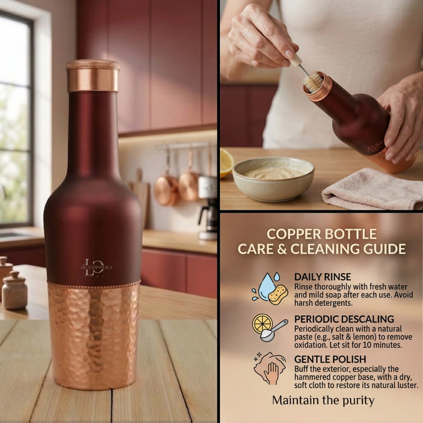 Madira Coco Pure Copper Water Bottle – Dual Tone Hammered Finish