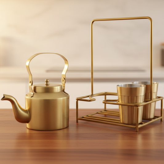 Brass Tapri Tea Set (Set of 3 with Stand) | Cutting Chai Kettle & Glass Set