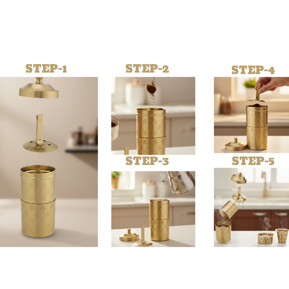 Brass Coffee Brew Box (Set of 5) – Traditional South Indian Filter Coffee Set