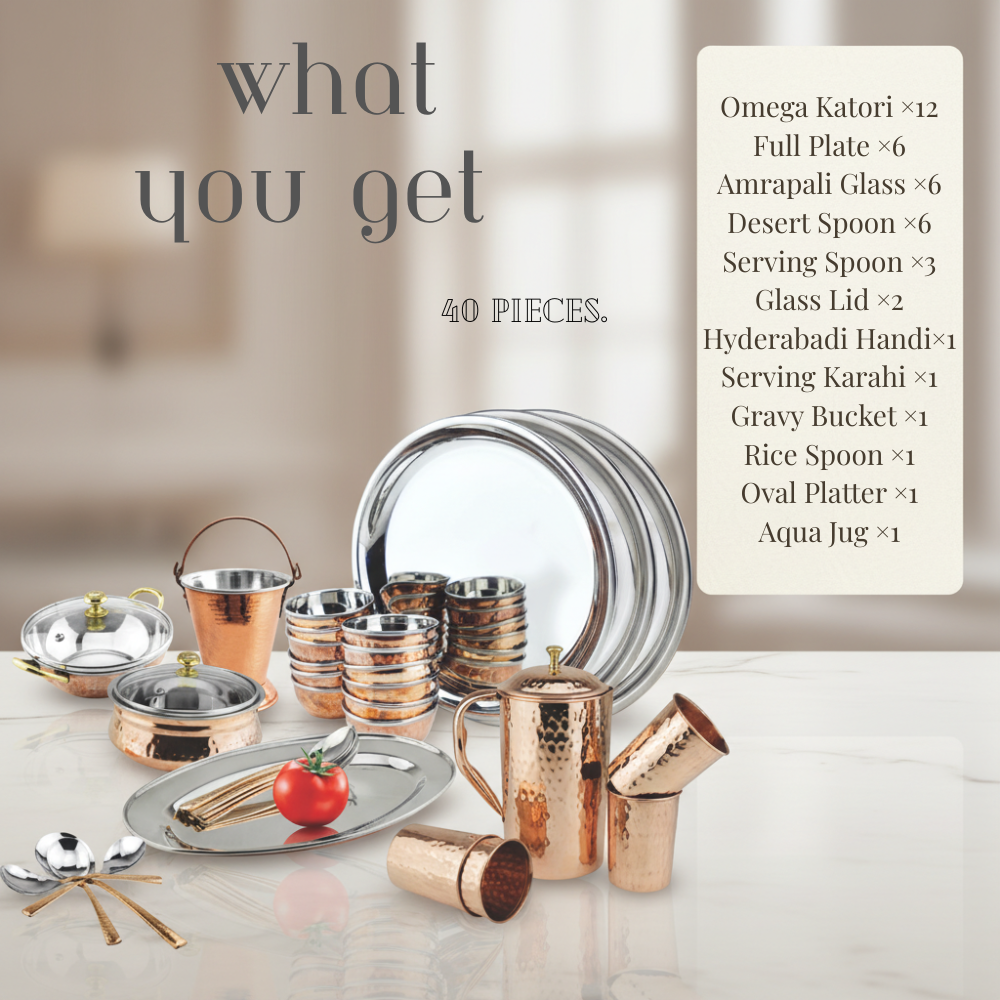 Royal Dinner Set 40 Piece | Copper Brass Stainless Steel Thali Set | La Coppera