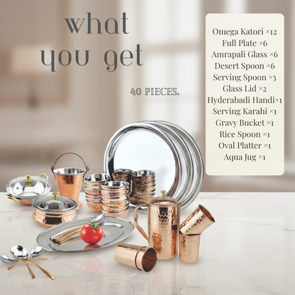Royal Dinner Set 40 Piece | Copper Brass Stainless Steel Thali Set | La Coppera