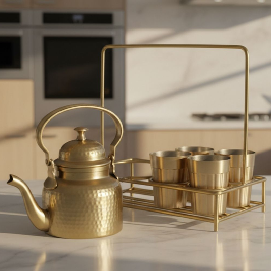 Brass Tapri Tea Set (Set of 5 with Stand) | Cutting Chai Kettle & Glass Set