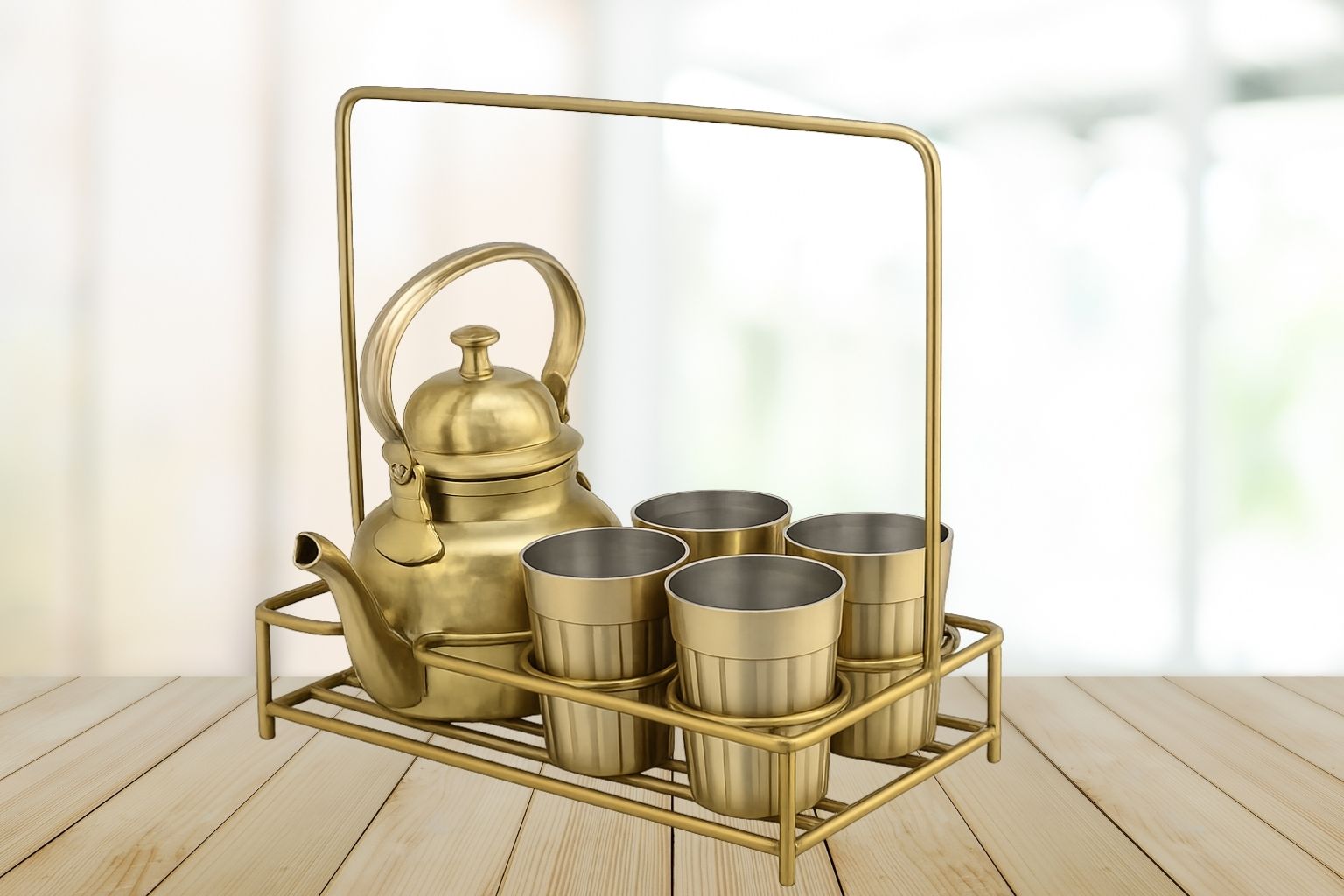 Brass Tapri Tea Set with Stand Including Kettle and Cutting Chai Glasses