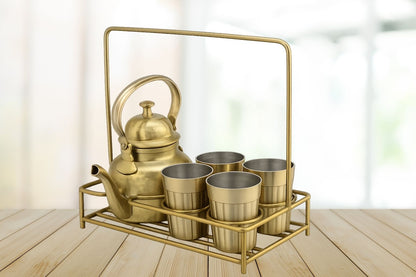 Brass Tapri Tea Set with Stand Including Kettle and Cutting Chai Glasses