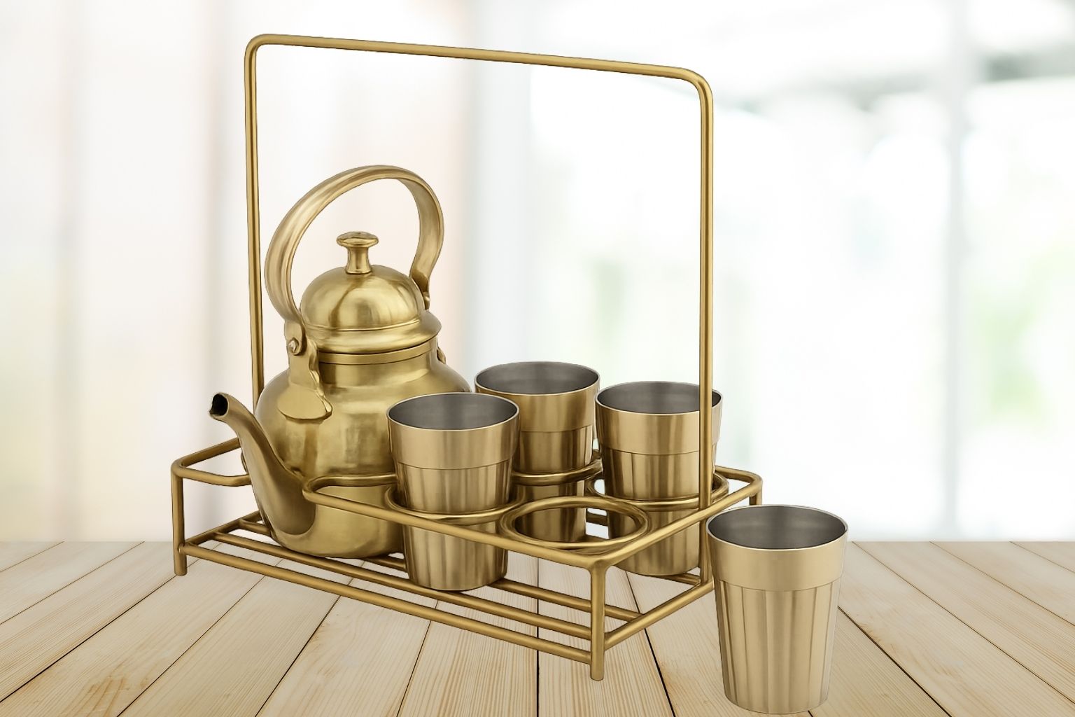 Traditional Cutting Chai Serving Set in Brass with Stainless Steel Glasses