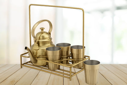 Traditional Cutting Chai Serving Set in Brass with Stainless Steel Glasses