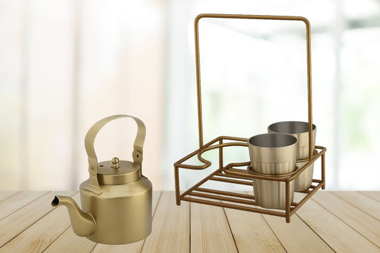 Brass Tapri Tea Set Set of 3 with Stand Cutting Chai Kettle and Glass Set