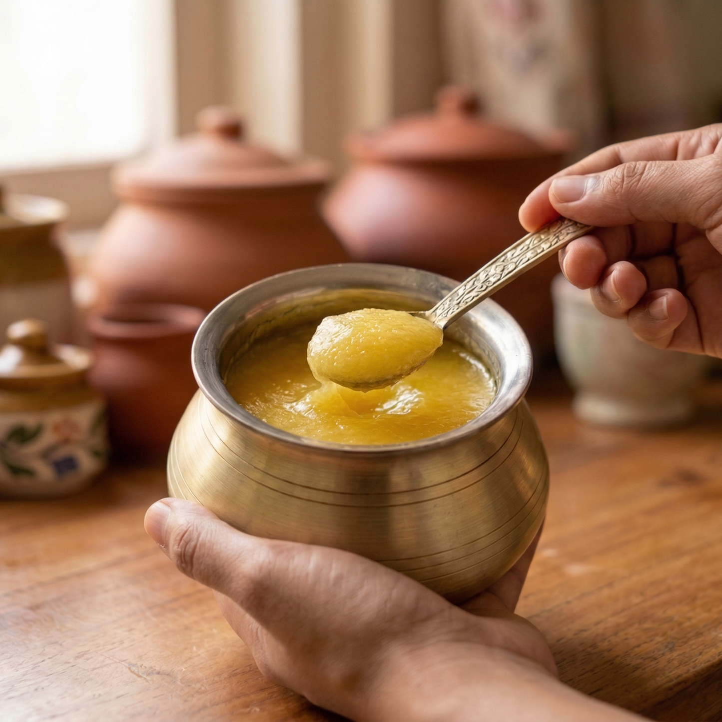 Brass Ghee Pot with Spoon & Lid for Authentic Ghee Storage