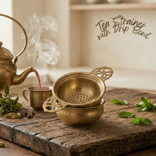 Brass Tea Strainer with Drip Bowl for Masala Chai & Herbal Tea
